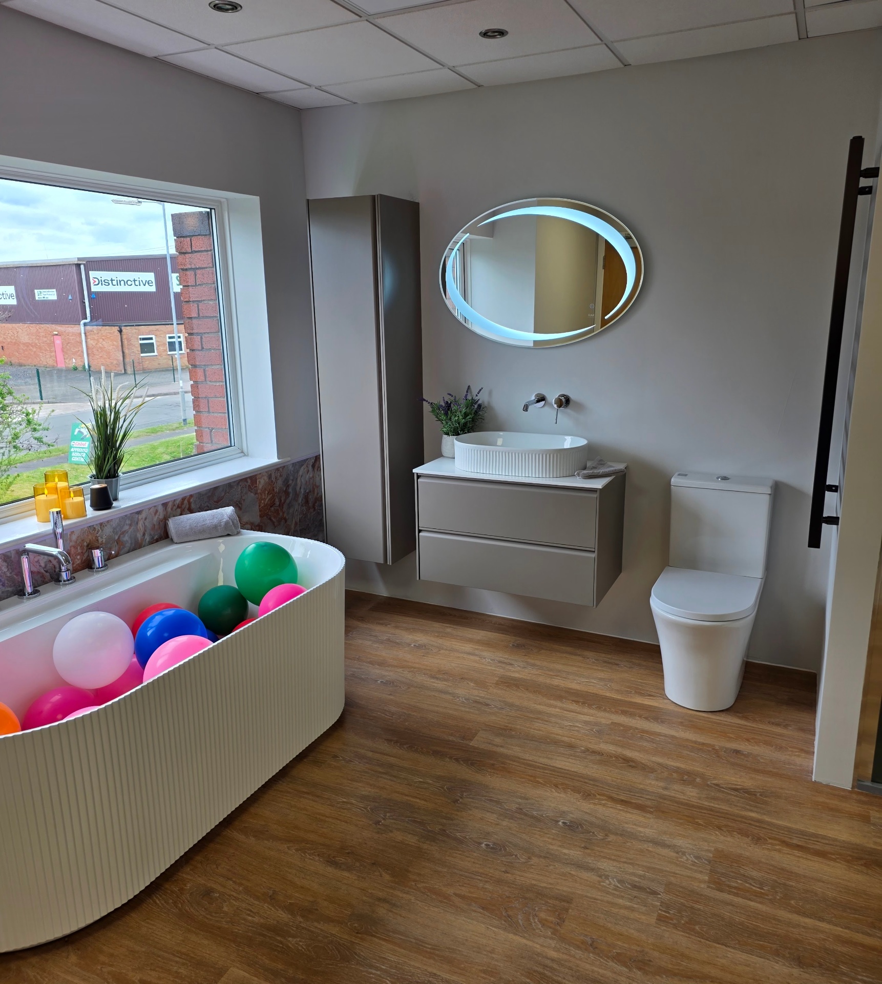Blue Sky Luxury Bathrooms showroom with freestanding bath display and wall-hung vanity in Tamworth