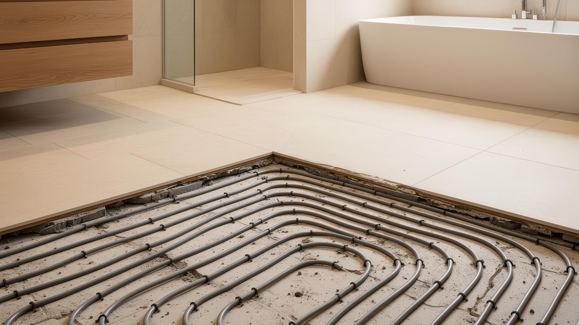 Underfloor heating pipework beneath porcelain tiles in a bathroom renovation